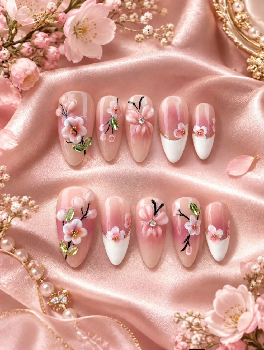 Cherry Blossom In French Tip Press-On Nails